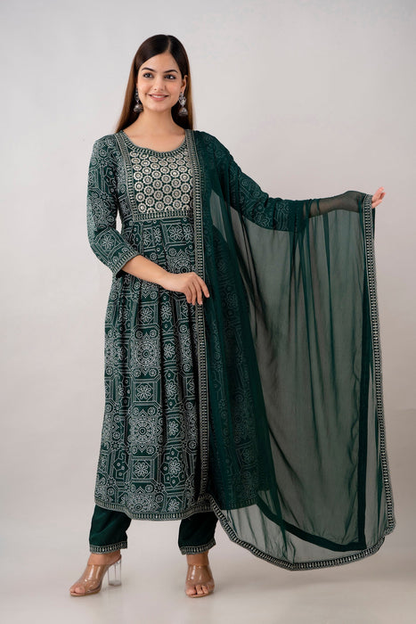 Traditional Zari Embroidery Work A-Line Kurta With Trouser & Dupatta - KR3004GREEN