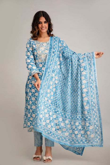 Traditional Zari Embroidery Work A-Line Kurta With Trouser & Dupatta - KR3012BLUE