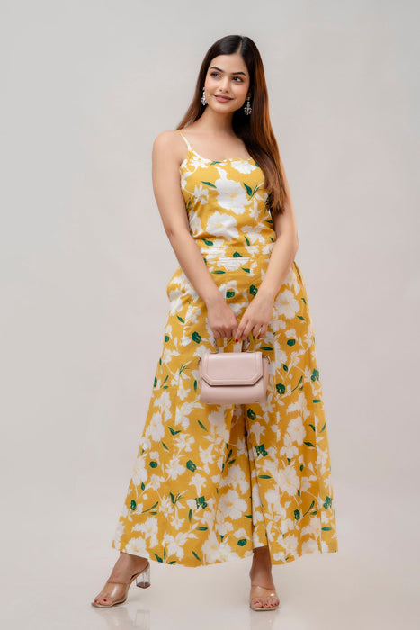 Cotton Sleeveless Yellow Floral Print Co-ord Set-WT6003YELLOW