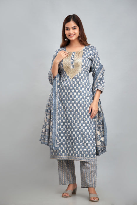 Traditional Zari Embroidery Work A-Line Kurta With Trouser & Dupatta - KR3011GREY