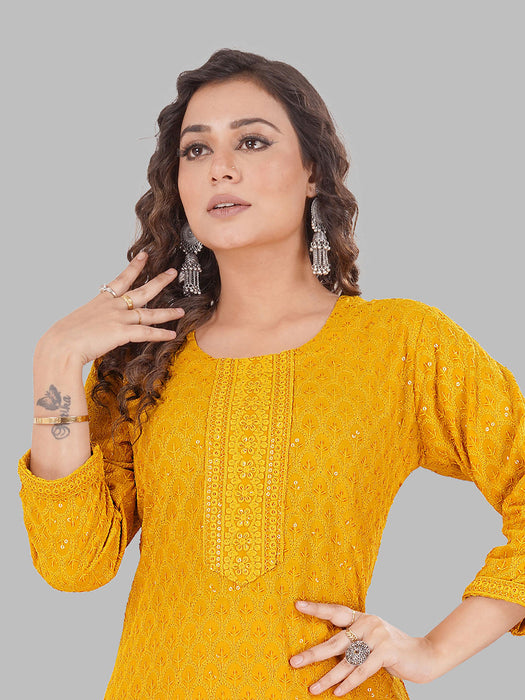 Rayon Chikan sequence work Kurti-NMK-MUSTARD