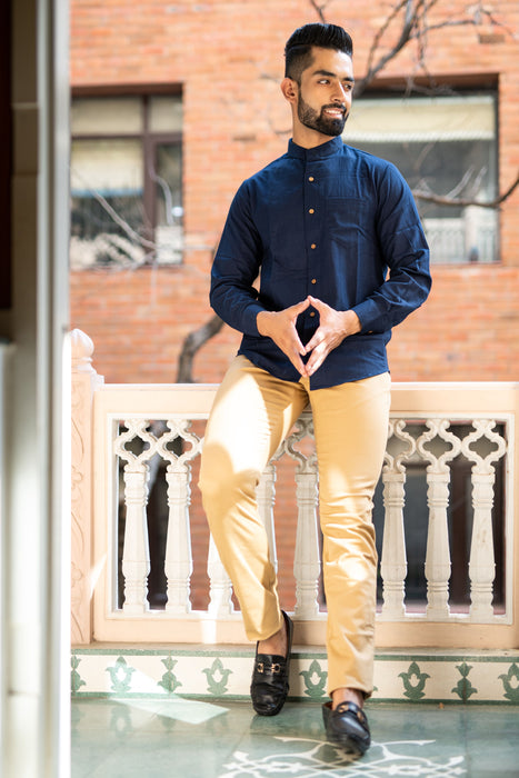 Navy Solid Cotton Linen Shirt