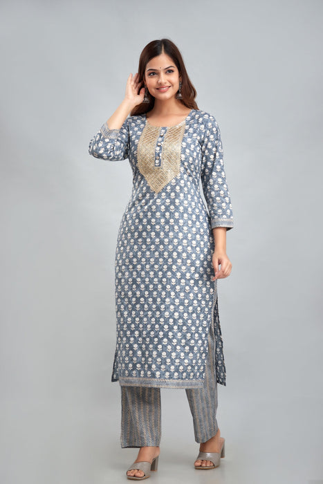 Traditional Zari Embroidery Work A-Line Kurta With Trouser & Dupatta - KR3011GREY