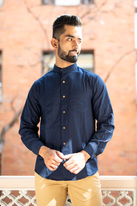 Navy Solid Cotton Linen Shirt