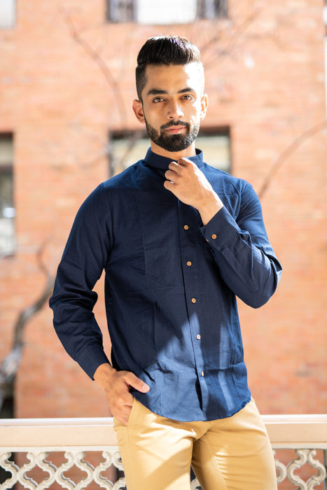 Navy Solid Cotton Linen Shirt