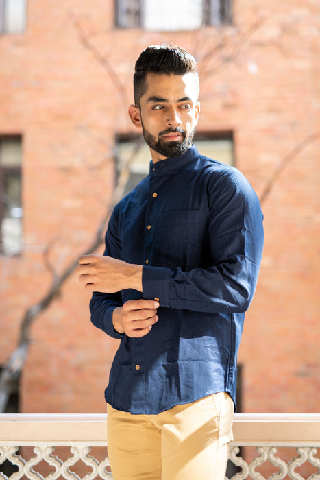 Navy Solid Cotton Linen Shirt