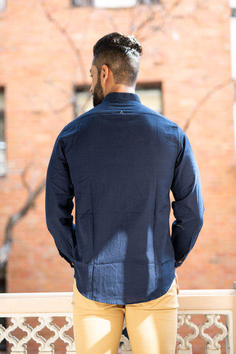 Navy Solid Cotton Linen Shirt