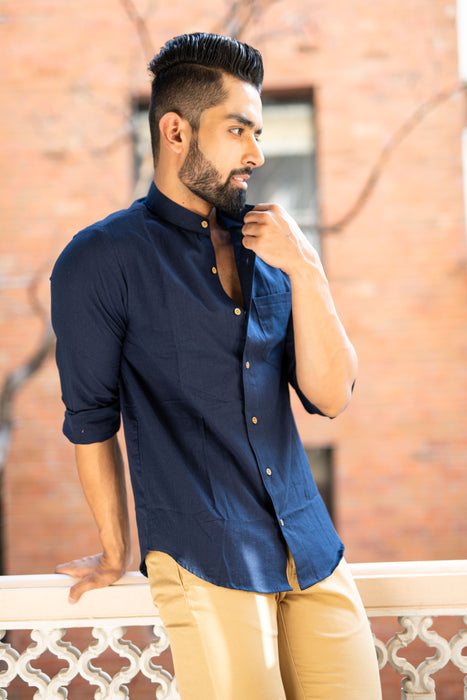 Navy Solid Cotton Linen Shirt