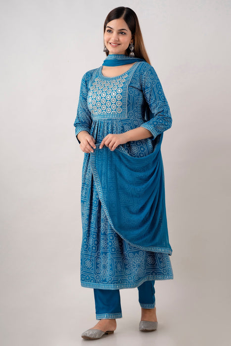 Traditional Zari Embroidery Work A-Line Kurta With Trouser & Dupatta - KR3004BLUE