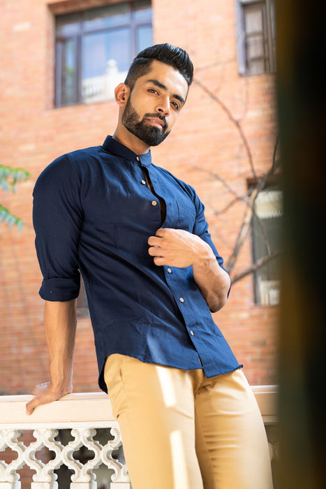 Navy Solid Cotton Linen Shirt