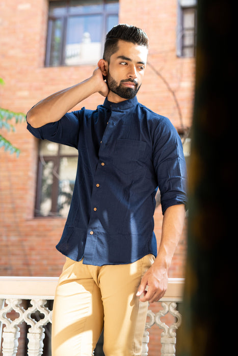 Navy Solid Cotton Linen Shirt