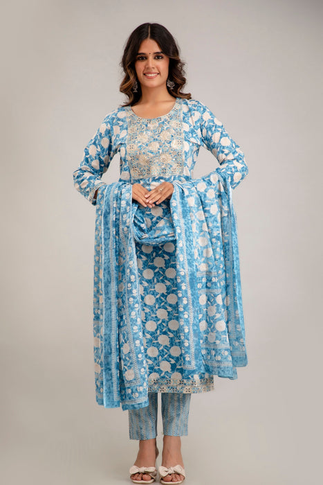 Traditional Zari Embroidery Work A-Line Kurta With Trouser & Dupatta - KR3012BLUE