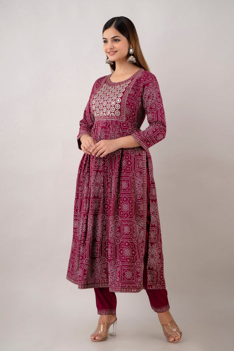 Traditional Zari Embroidery Work A-Line Kurta With Trouser & Dupatta - KR3004WINE