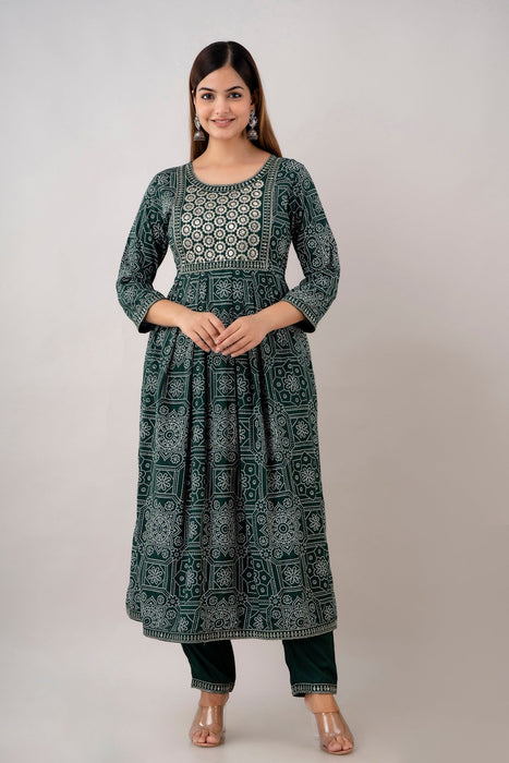 Traditional Zari Embroidery Work A-Line Kurta With Trouser & Dupatta - KR3004GREEN