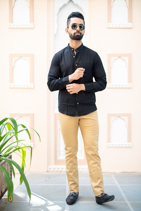 Black Solid Cotton Linen Shirt