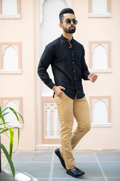 Black Solid Cotton Linen Shirt