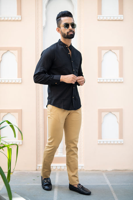 Black Solid Cotton Linen Shirt