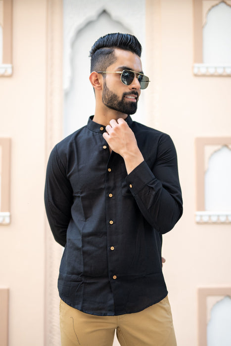 Black Solid Cotton Linen Shirt