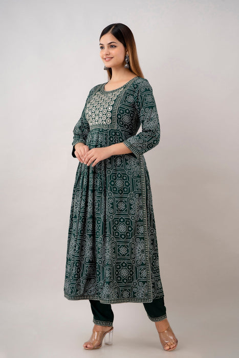 Traditional Zari Embroidery Work A-Line Kurta With Trouser & Dupatta - KR3004GREEN