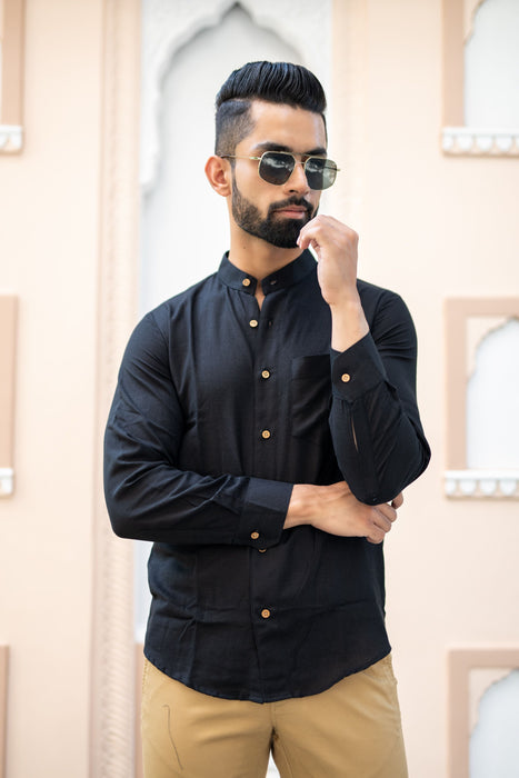 Black Solid Cotton Linen Shirt