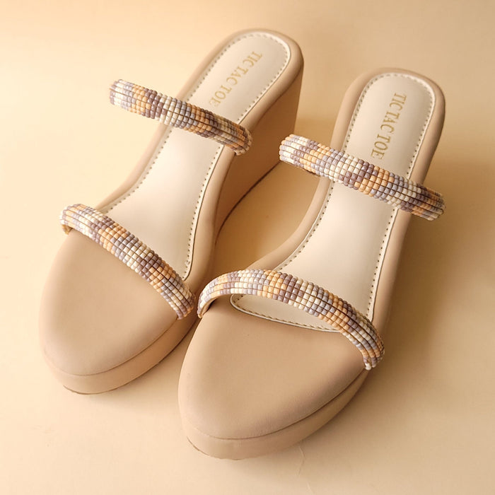 Beige 2 Strap Beads Wedge