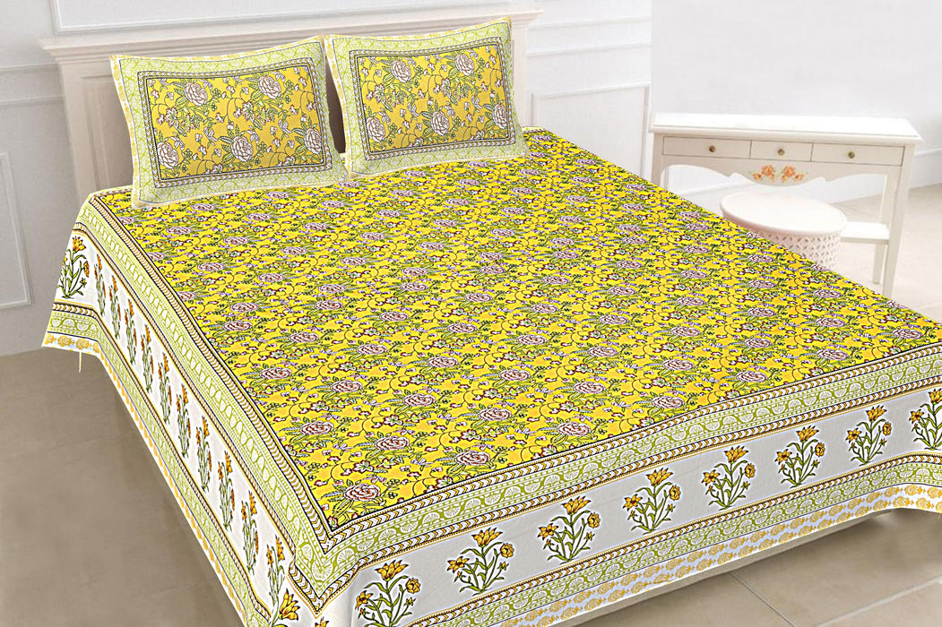 Jaipuri Print Cotton king 90 by 108 Floral Bedsheet with two big size pillow cover BS-13 Mustard