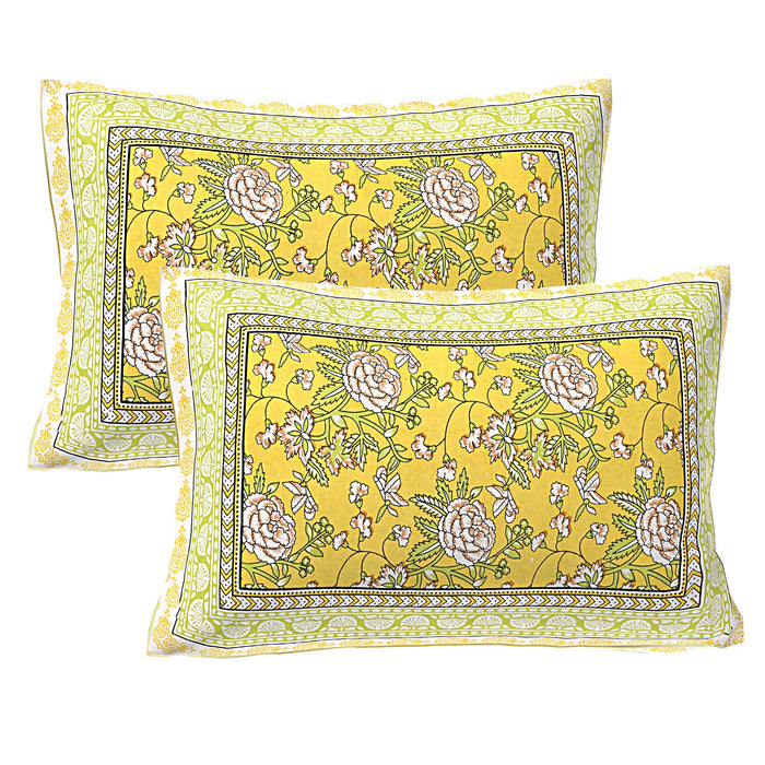 Jaipuri Print Cotton king 90 by 108 Floral Bedsheet with two big size pillow cover BS-13 Mustard