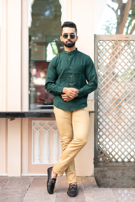 Bottle Green Solid Cotton Linen Shirt