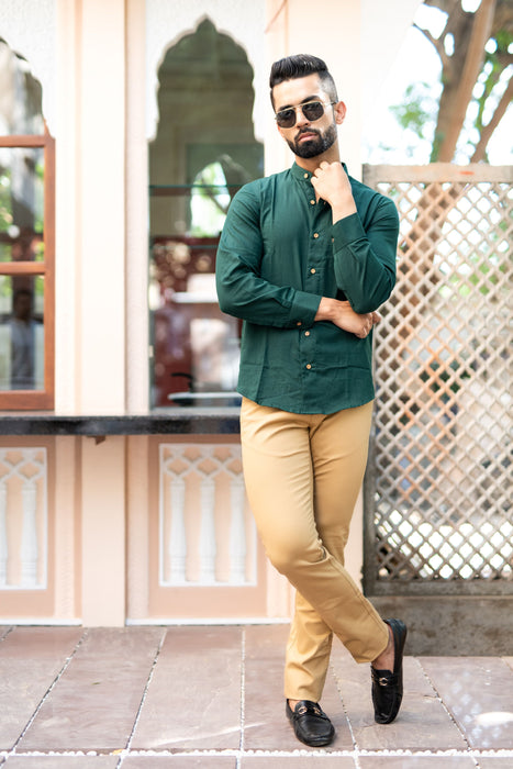 Bottle Green Solid Cotton Linen Shirt