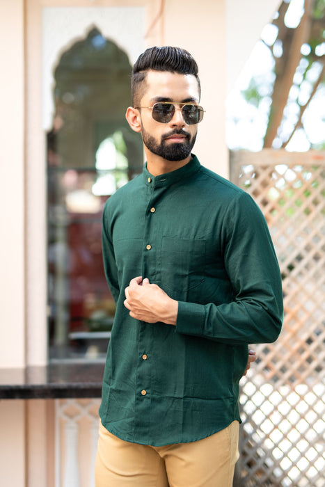 Bottle Green Solid Cotton Linen Shirt