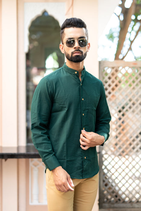 Bottle Green Solid Cotton Linen Shirt