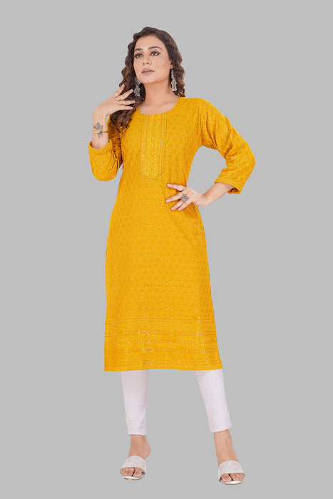 Rayon Chikan sequence work Kurti-NMK-MUSTARD