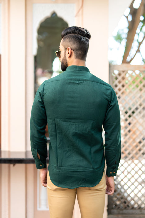 Bottle Green Solid Cotton Linen Shirt