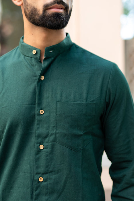 Bottle Green Solid Cotton Linen Shirt