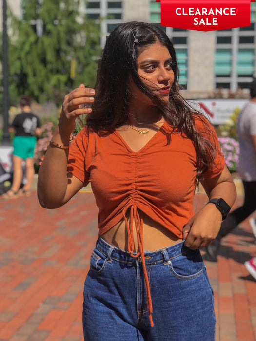 Rust V- Neck Knotted Waist Cotton Crop Top