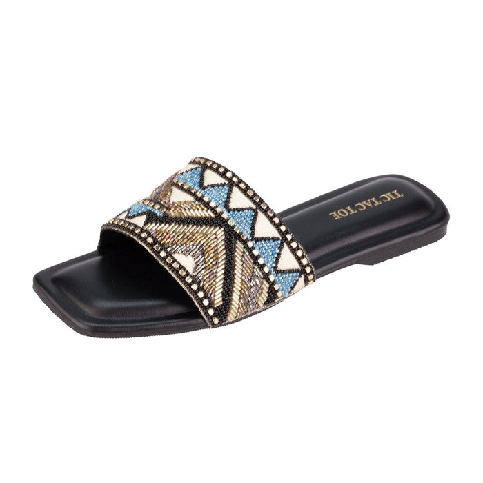 Black Blue Embroidery Katdana Slider Flats