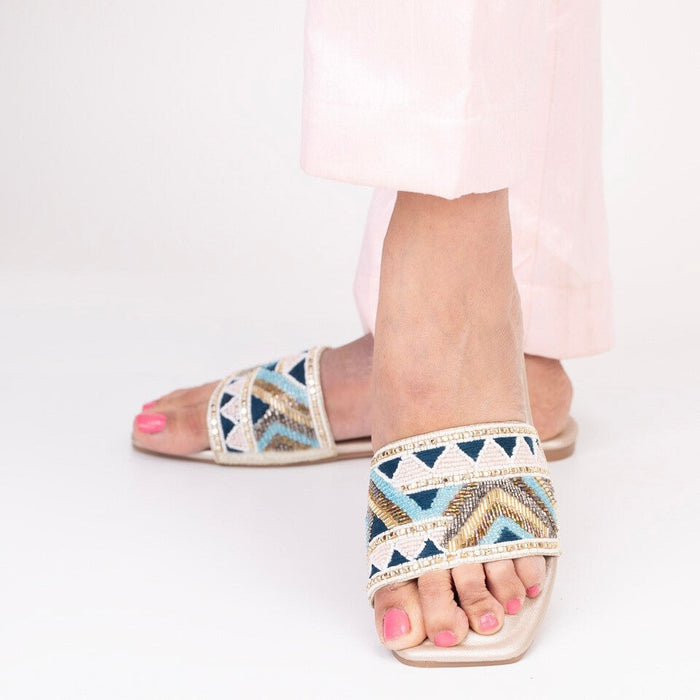 Pink Blue Beige Embroidery Katdana Slider Flats