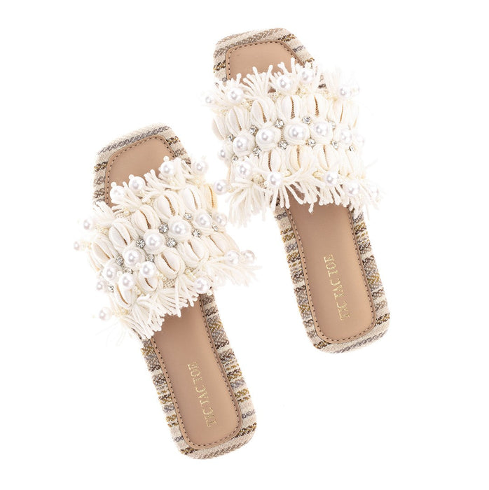 Beige Pearl Woolen Slider Flats