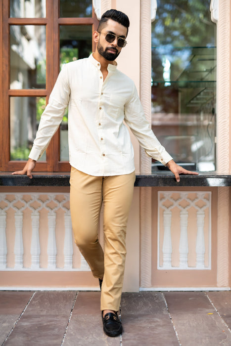 Cream Solid Cotton Linen Shirt