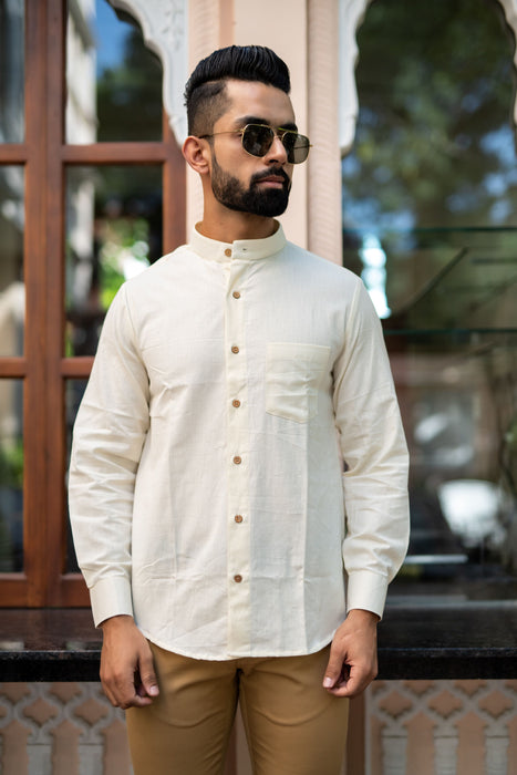 Cream Solid Cotton Linen Shirt