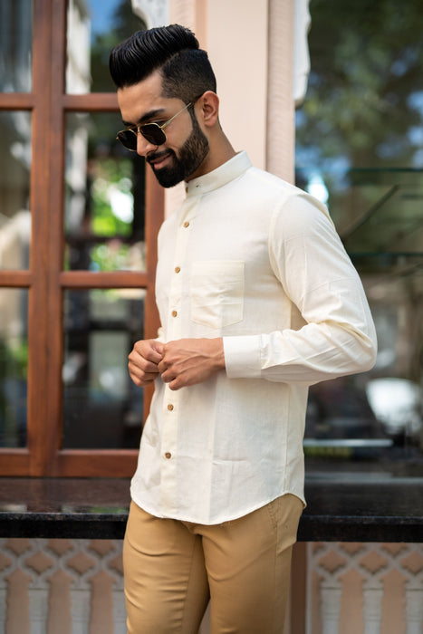 Cream Solid Cotton Linen Shirt