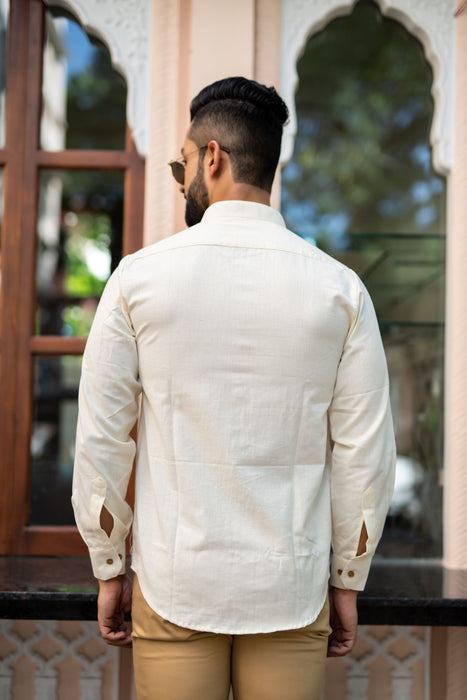 Cream Solid Cotton Linen Shirt