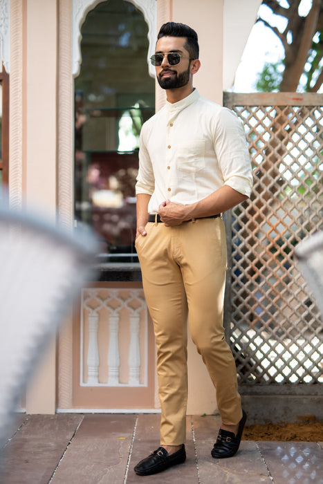 Cream Solid Cotton Linen Shirt