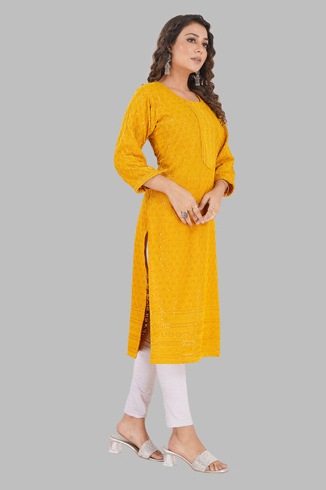 Rayon Chikan sequence work Kurti-NMK-MUSTARD