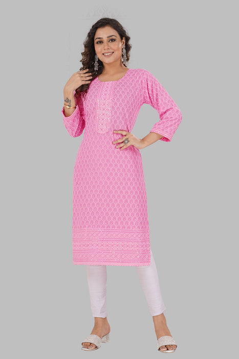 Rayon Chikan sequence work Kurti-NMK-PINK