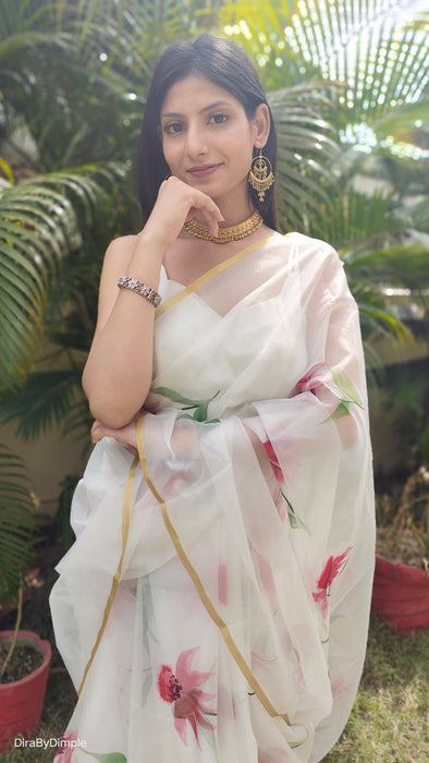 Delicate Pearl (Handpainted White Organza Zari border saree)