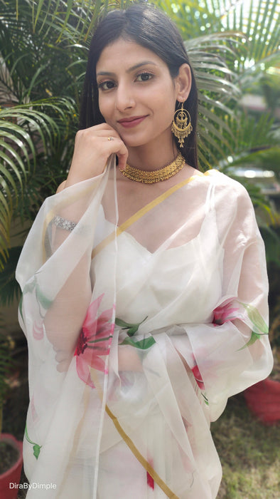 Delicate Pearl (Handpainted White Organza Zari border saree)