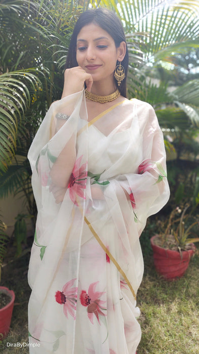 Delicate Pearl (Handpainted White Organza Zari border saree)