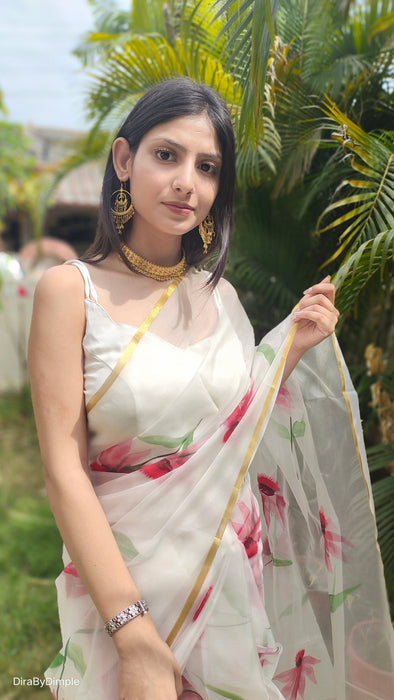 Delicate Pearl (Handpainted White Organza Zari border saree)