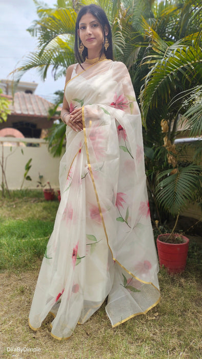 Delicate Pearl (Handpainted White Organza Zari border saree)